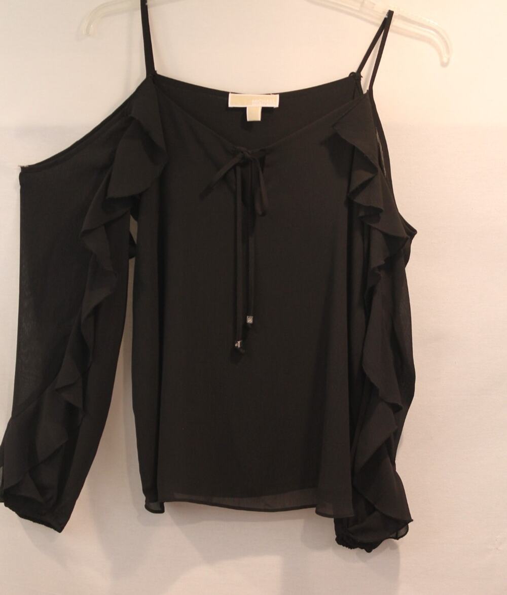 Michael Kors Cold Shoulder Long Sleeve Top Womens size M Black Tie Neck Keyhole